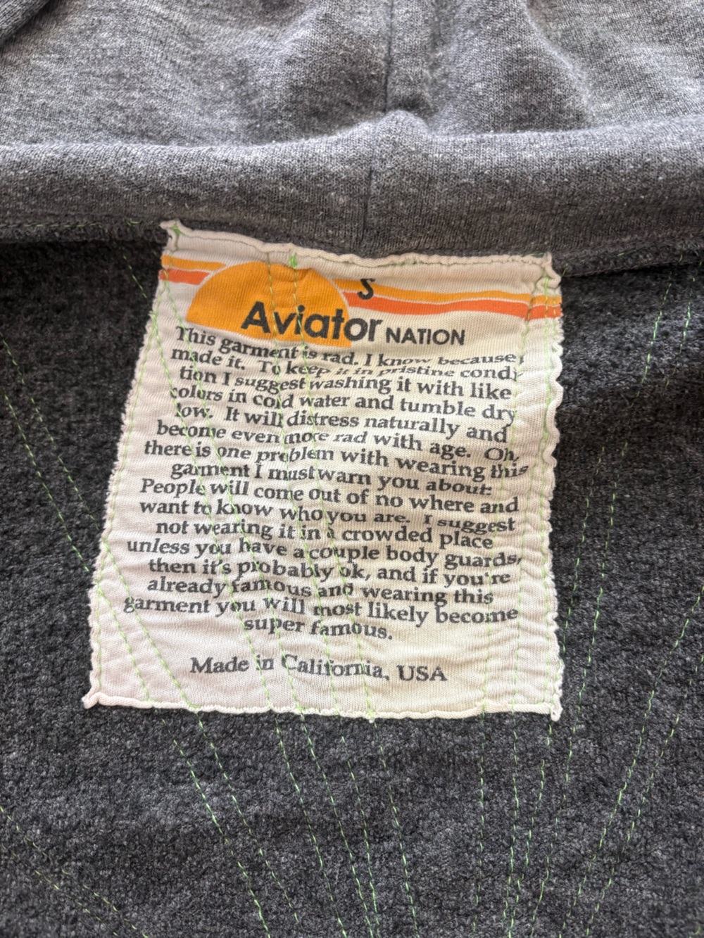 Aviator Nation Gray Zip Hoodie with Neon Rainbow Stitch Detail - Picture 4 of 5